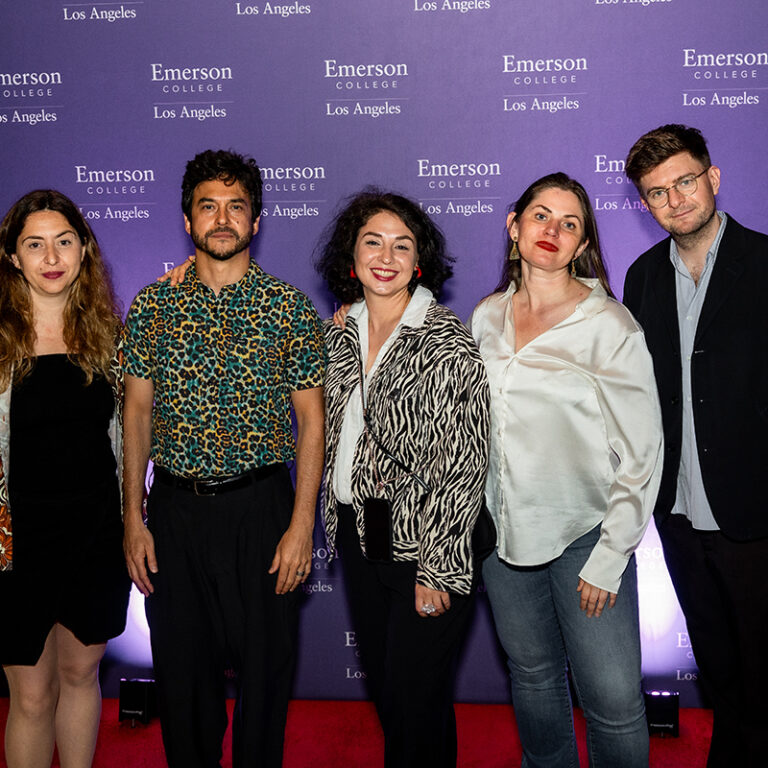 Five filmmakers pose in front of Emerson Los Angeles step and repeat